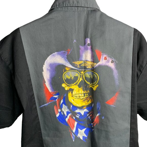 Dickies Sturgis Biker Work Shirt L Grey Button Up Pockets Skull Short Sleeves - Picture 2 of 7